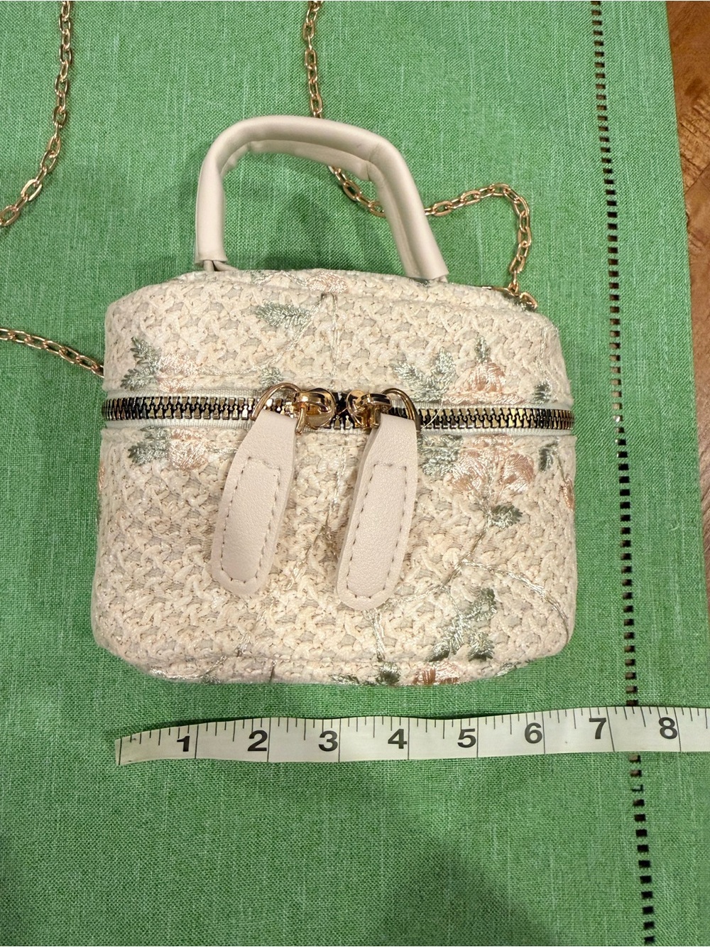 Cream Floral Tweed Mini Crossbody Bag with Gold Chain